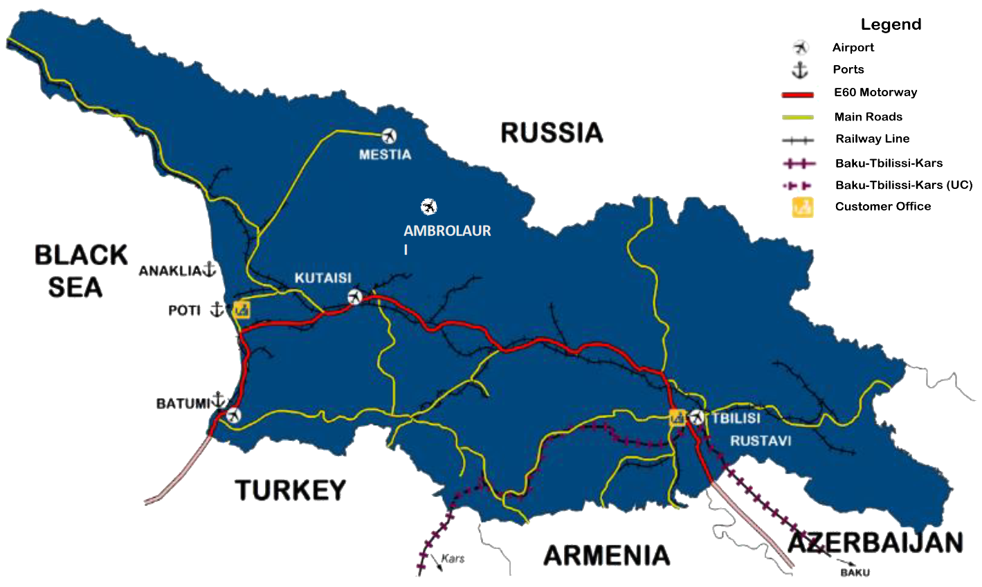 Karte Georgiens - Flughäfen, Bahnen, Straßen